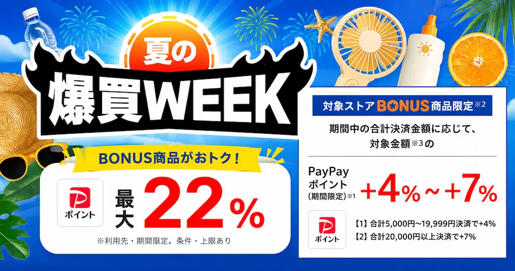 【6/21まで】Yahoo!ショッピング「爆買WEEK」開催！対象ストアで最大+7％ PayPayポイント還元。BONUS商品で最大22%還元