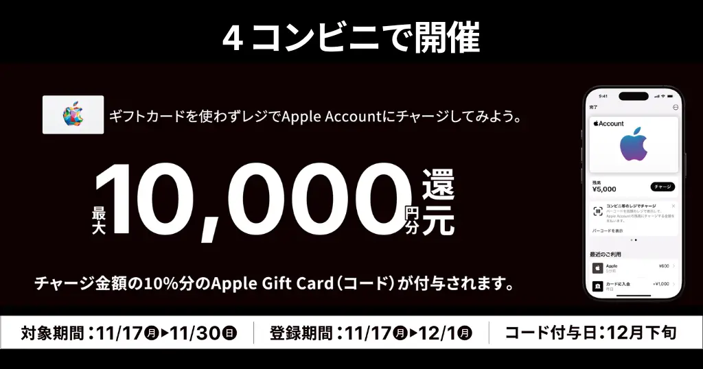 Apple Gift Cardをお得に買うキャンペーン。コンビニ4社でApple Accountチャージで10%分のApple Gift Cardがもらえる【11/30まで】