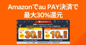 【最大30％還元】Amazon×au PAYキャンペーン | 初利用30%還元、既利用者も10%還元！（3/9まで）※予算上限に達し代終了