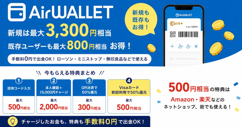【7/21まえ】エアウォレットキャンペーンまとめ｜新規は最大3,300円・既存も最大800円！（Amazon・楽天などネットでも使える）