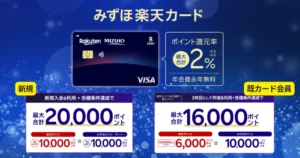 【9/28 10時まで】みずほ楽天カードが最大20,000ポイント！既存会員も最大16,000P＋お買い物最大2%還元＋クレカ積立も「楽天カード」よりお得